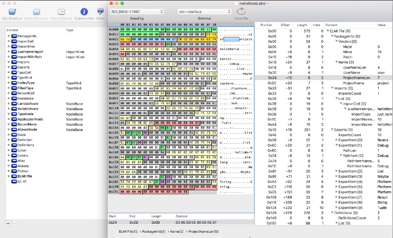 A complete grammar structure and an example binary file, parsed with this grammar, side-by-side. Synalyze it!